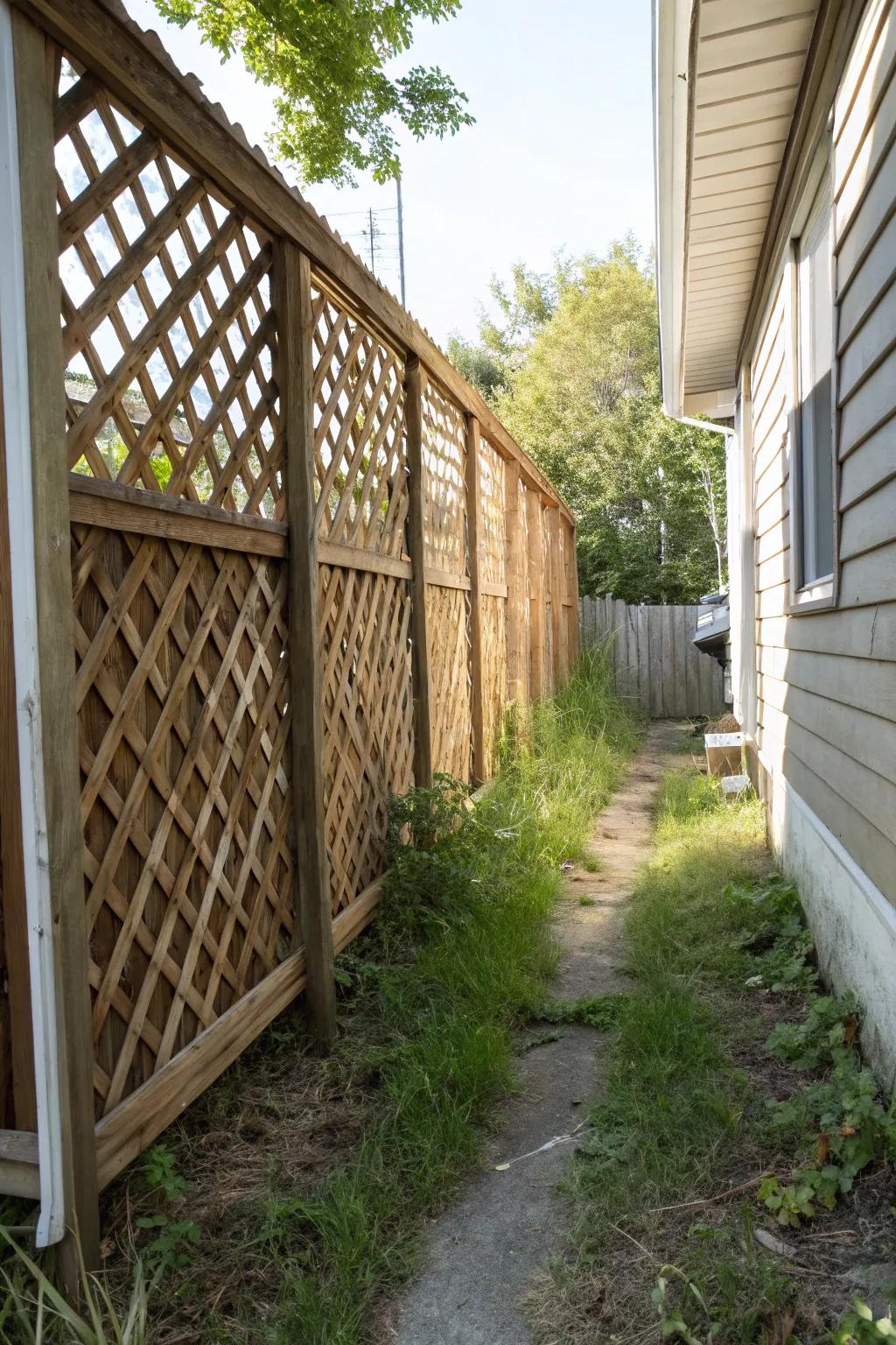 Concealed storage areas maintain order and organization within narrow side yards.