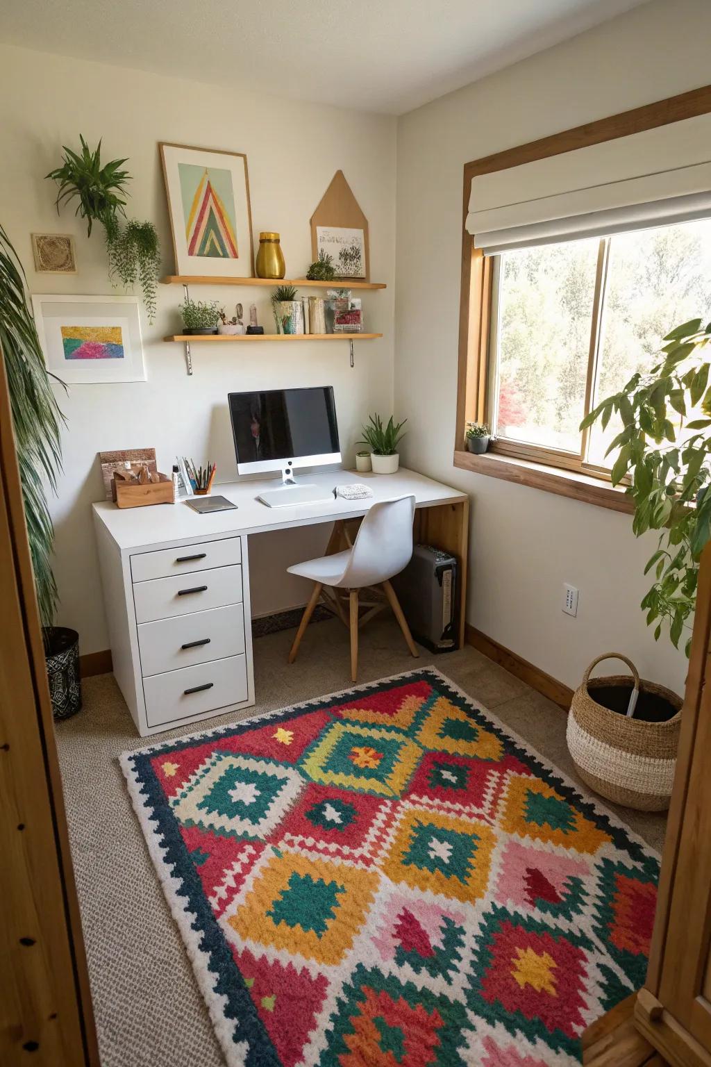 Defining your office zone with color or a rug creates a designated workspace.