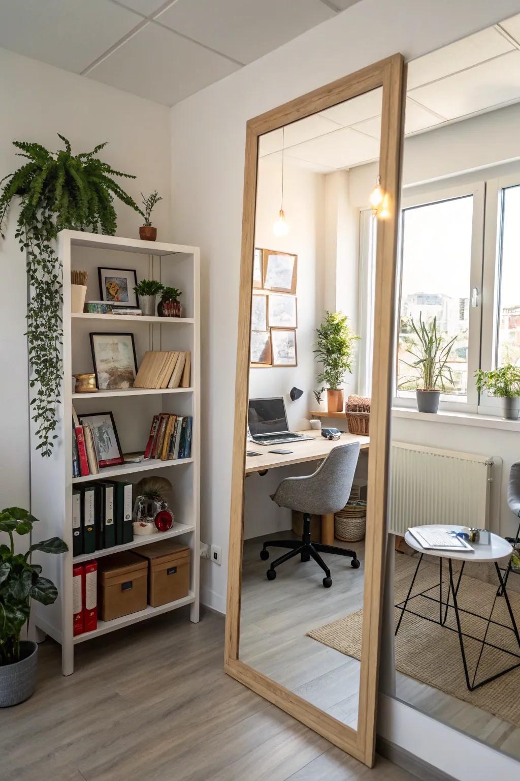 A large mirror in the office space creates the illusion of added depth.
