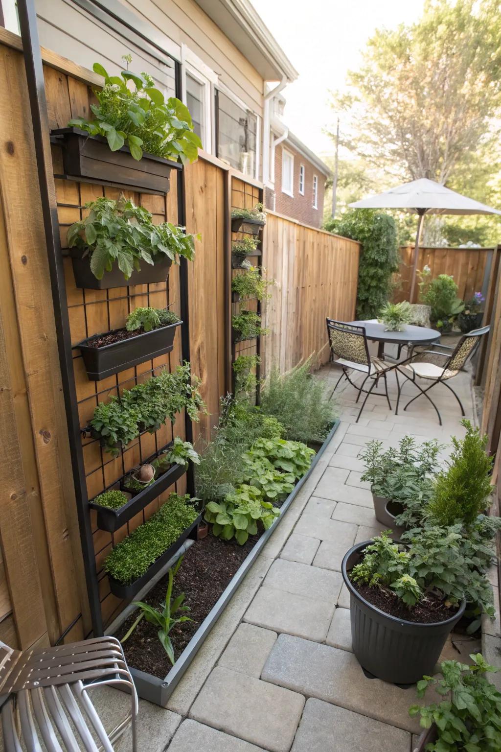 A vertical garden maximizes space on a petite patio.