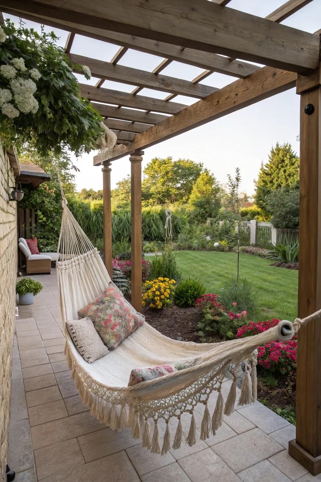 A hammock-ready canopy provides a serene escape on a modest patio.