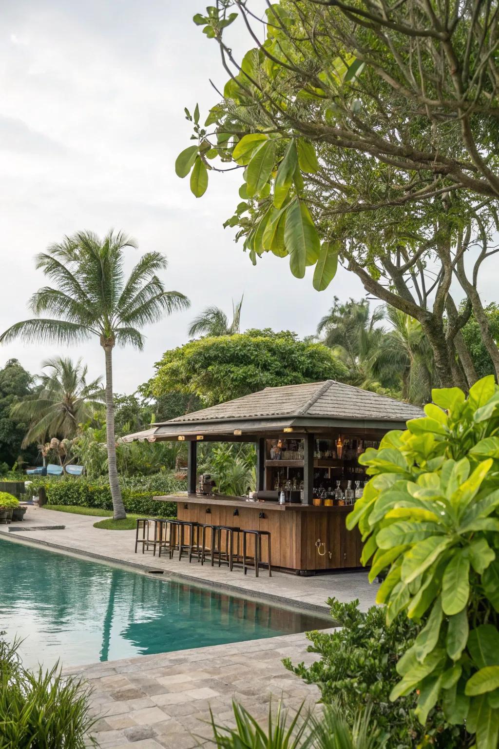 Greenery around your pool bar adds a refreshing, organic touch.