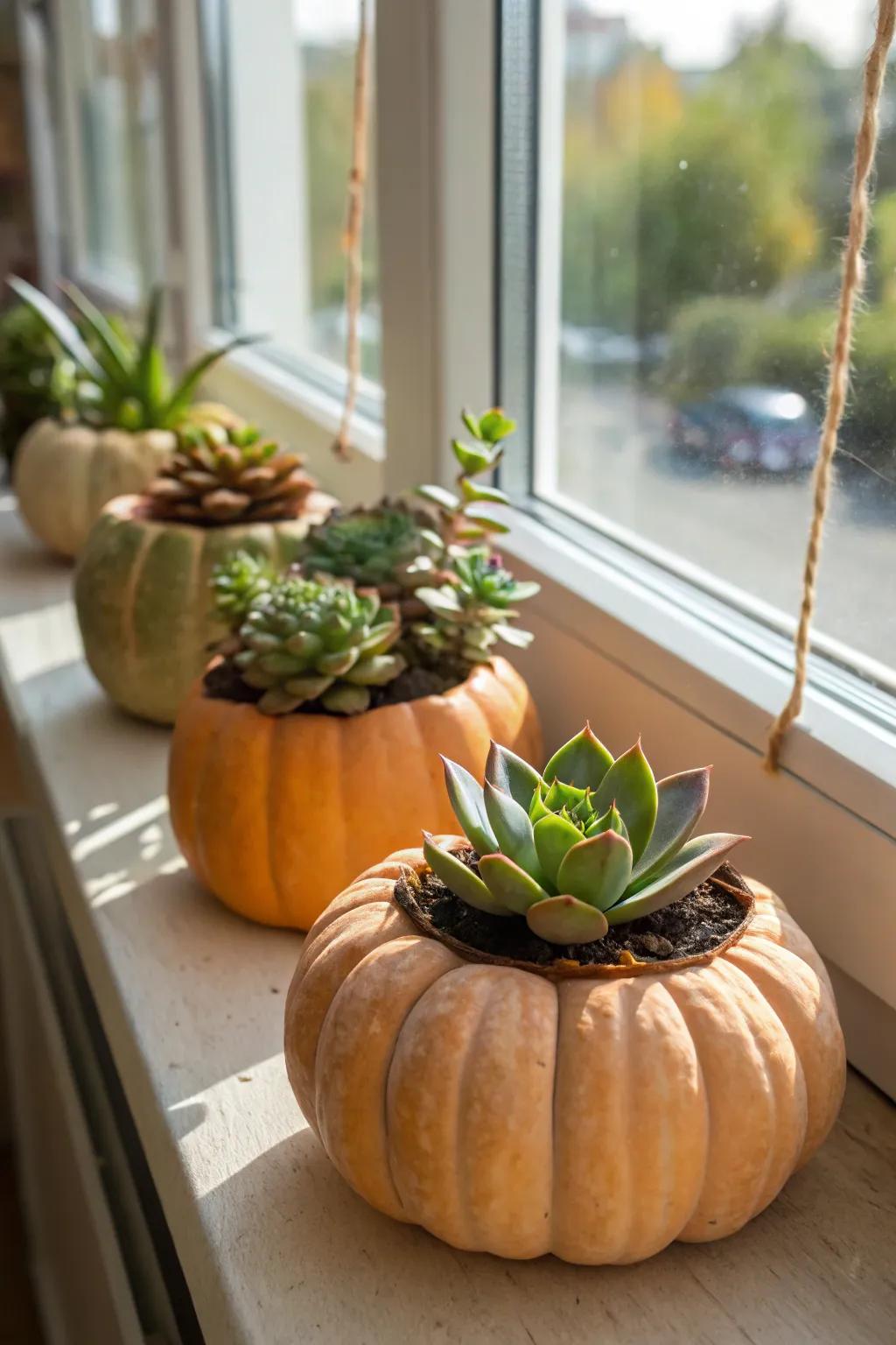 Succulent-filled pumpkins bring a hint of greenery to fall decor.