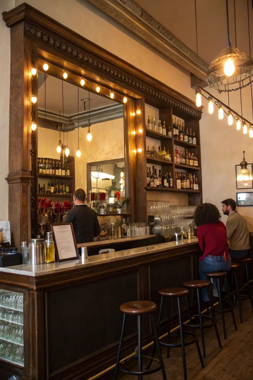 A grand mirror behind the bar amplifies space and light, revolutionizing a small setting.