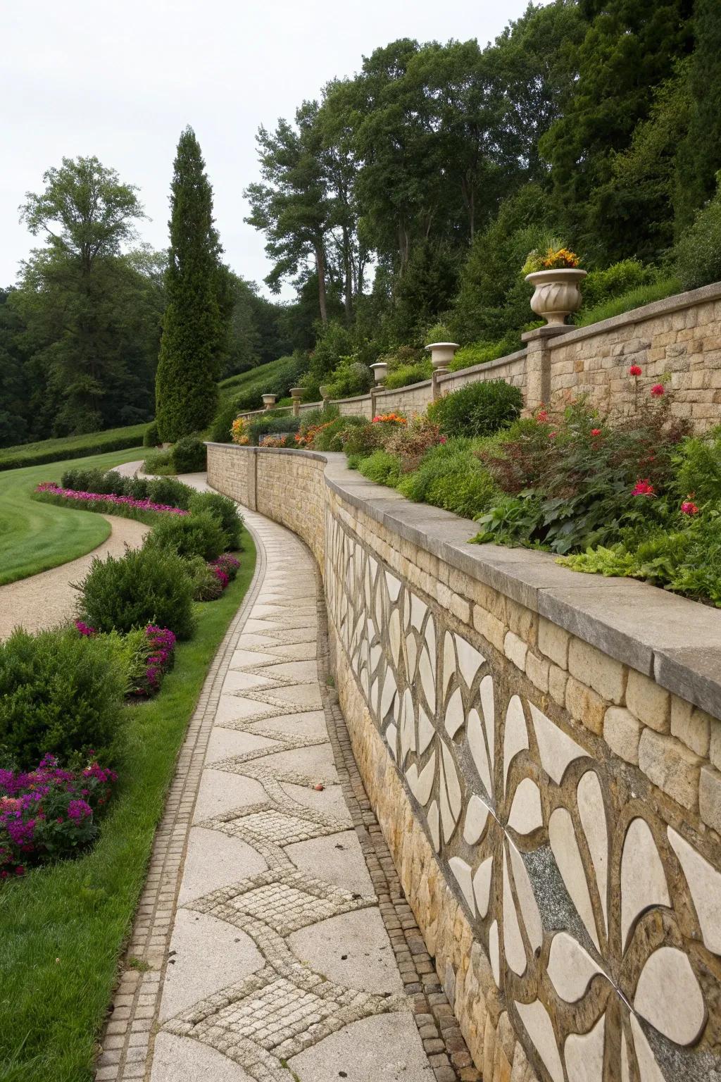 Artistic stone motifs transmute retaining structures into artistic compositions.