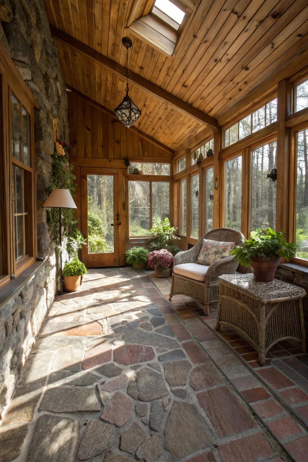 Pebble tiling adds an earthy element to this country-style sunroom.