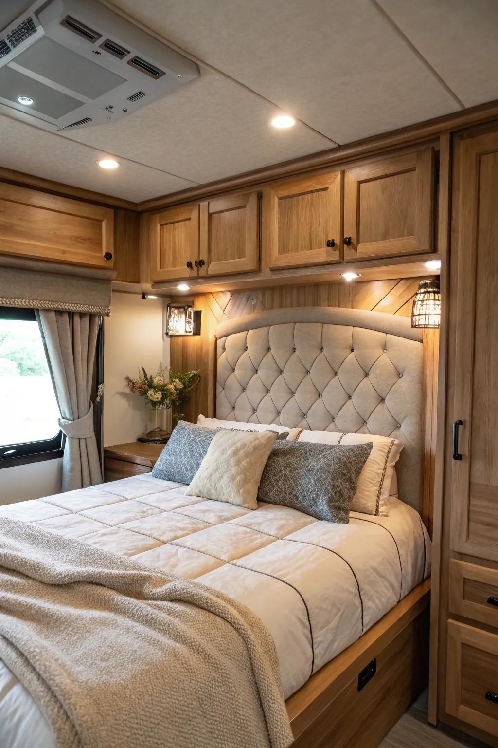 A headboard introduces luxury and coziness to your RV bedroom.