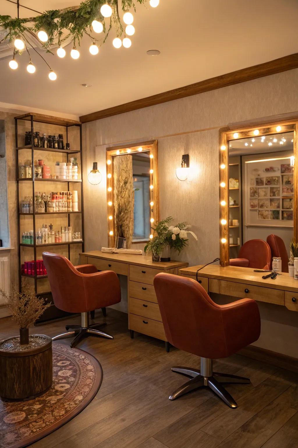 Strategic illumination imparts dimension and extravagance to the salon.