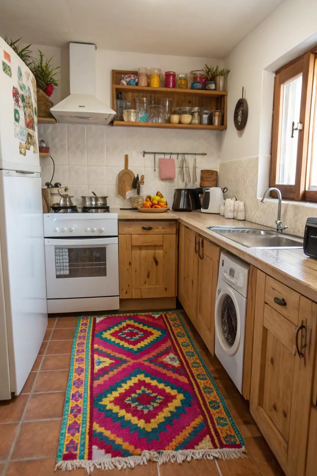A colorful rug adds comfort and flair to a small kitchen.