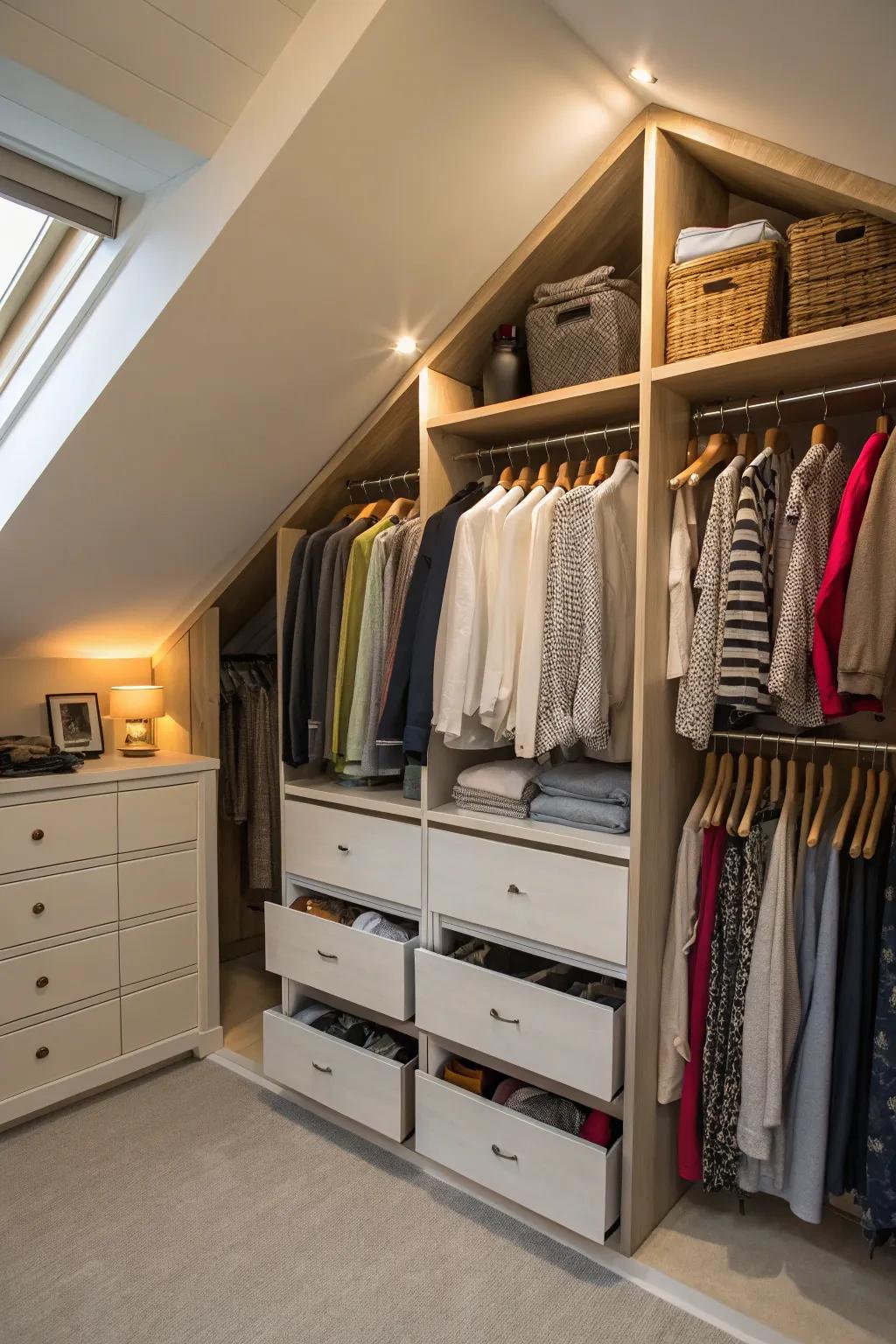 Drawer systems cleverly use floor space in a slanted attic.