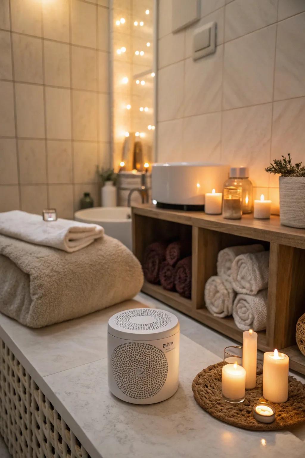 Small speaker providing calming sound in a spa room