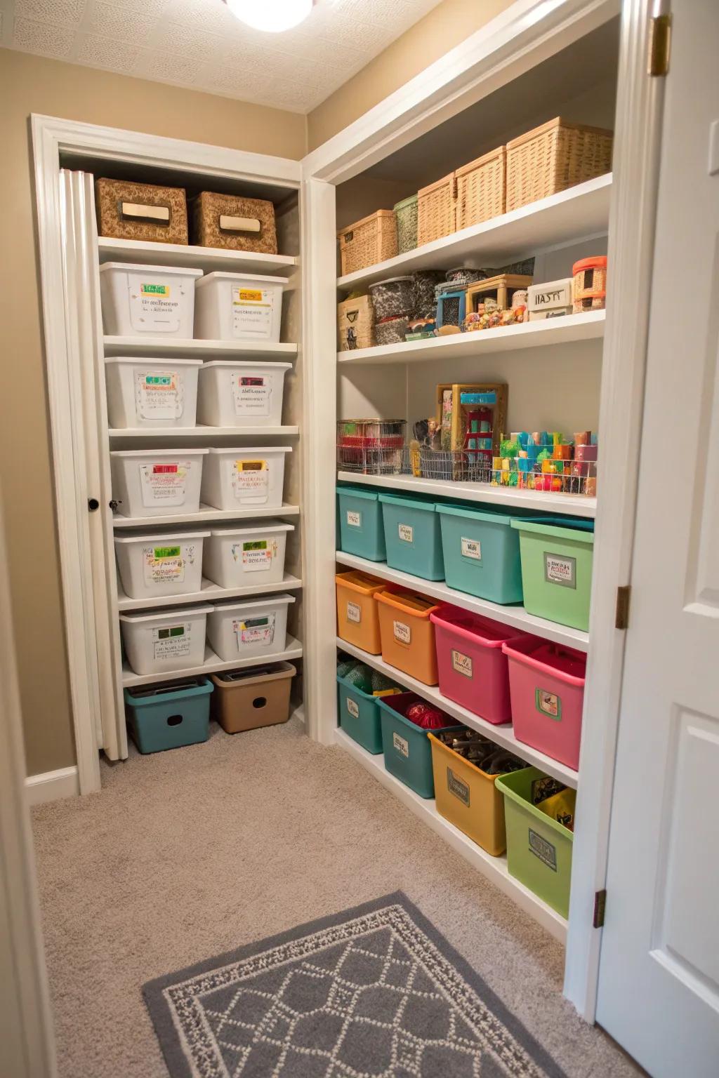 Neatly organized bins ready for the next toy rotation.