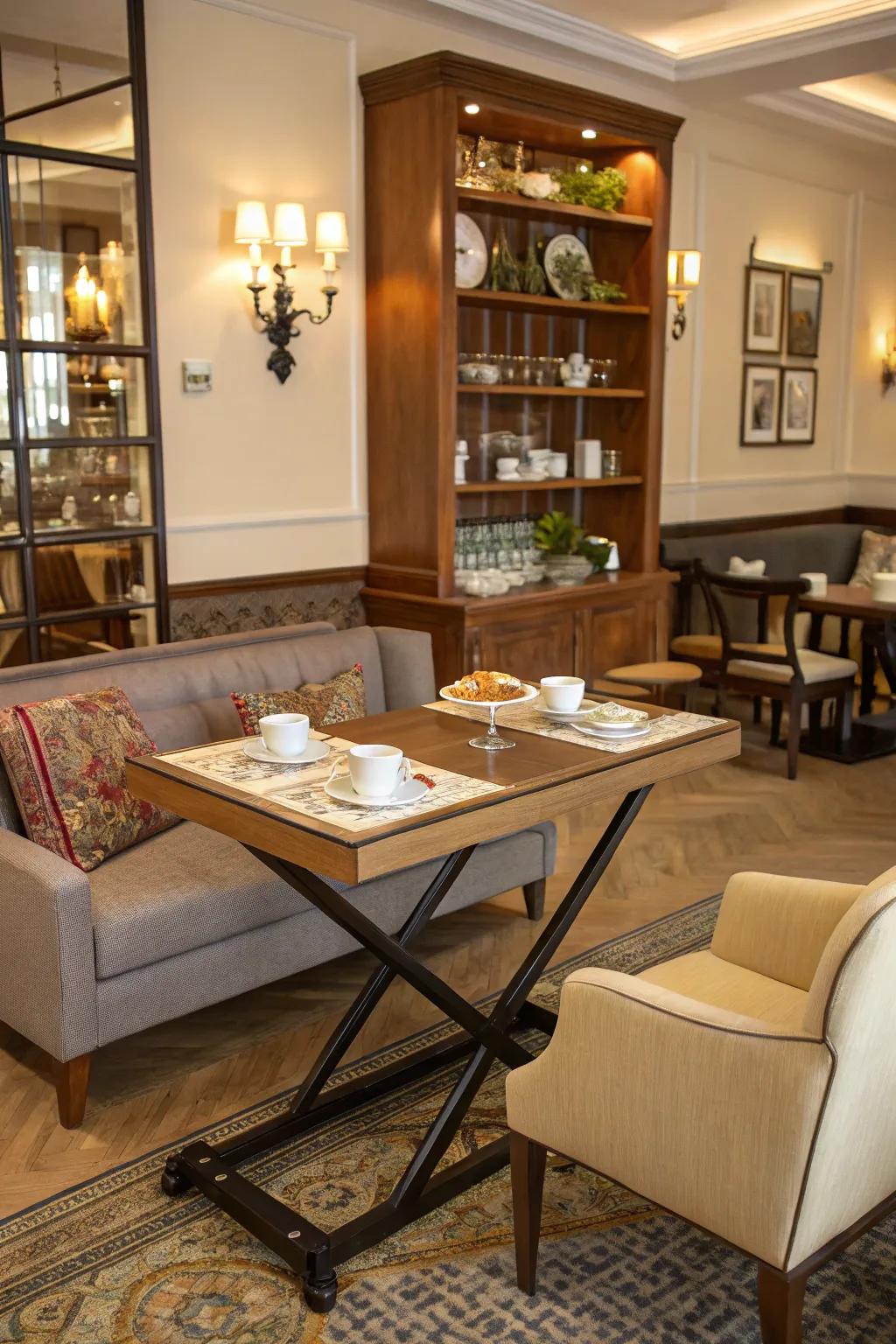 Versatile furniture adjusts to your demands in a small tea room.