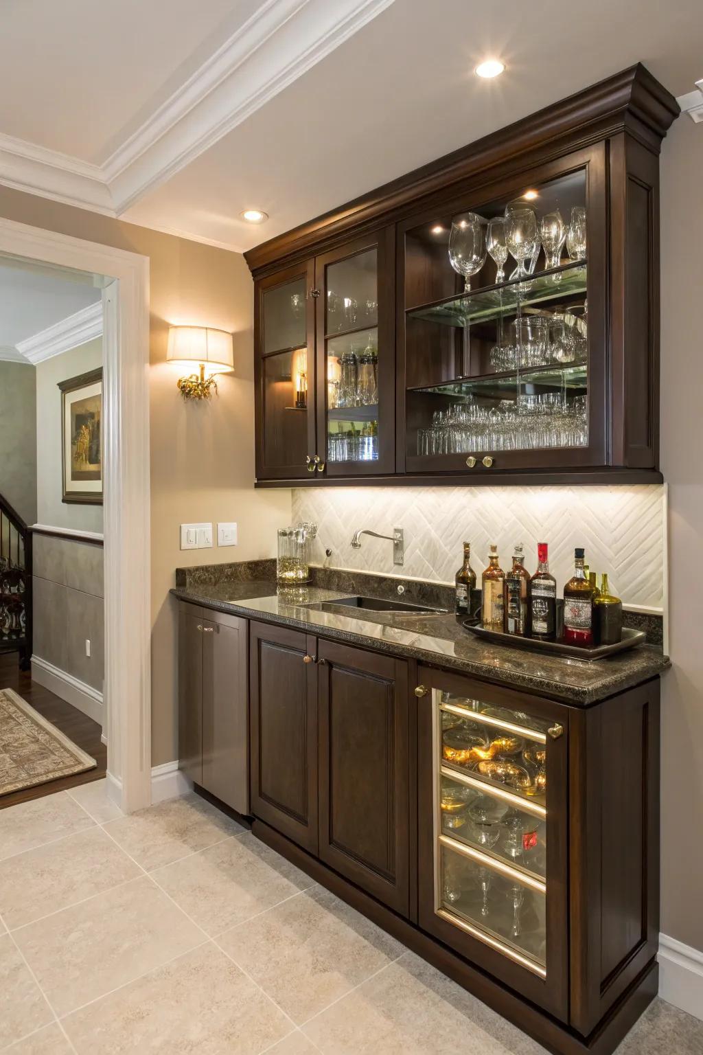 A small wet bar cleverly accommodated into a corner area.