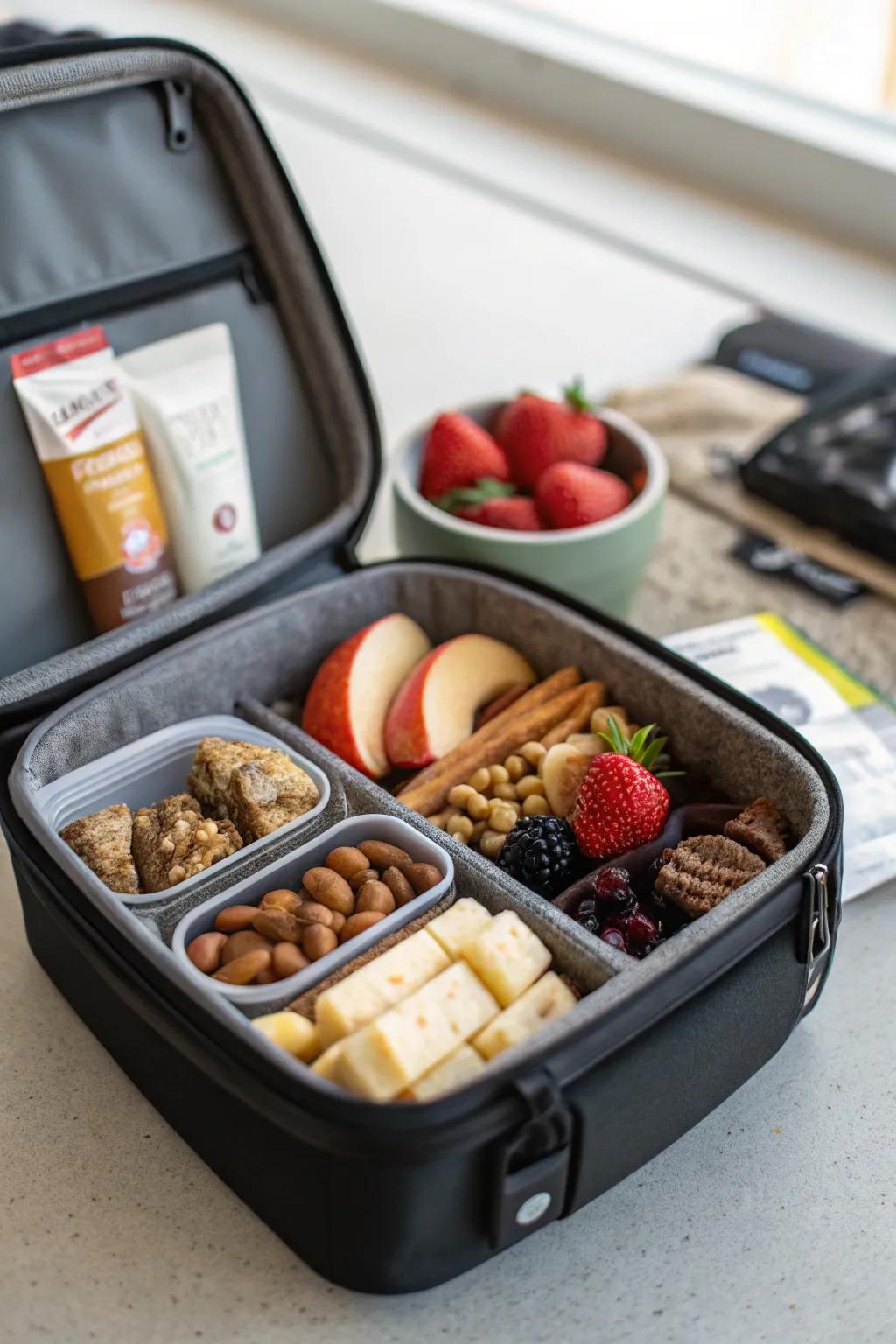 A portable snack carrier keeps snacks organized on the move.