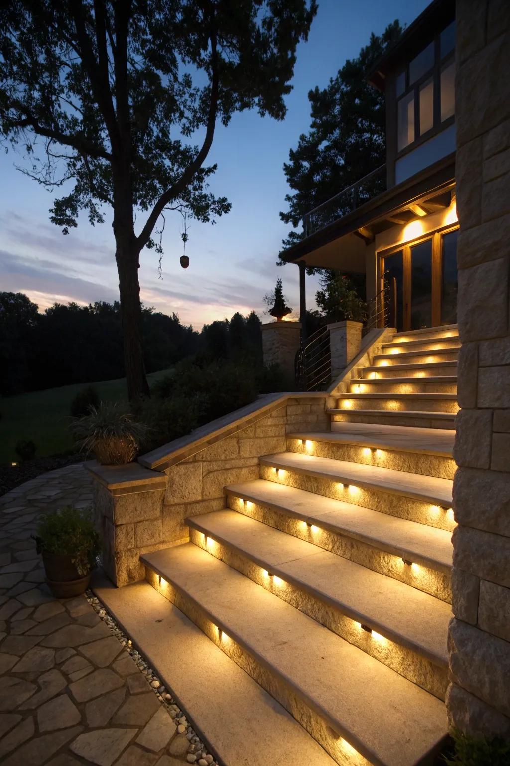 Step lights integrated in soffits ensure safe navigation around the home.