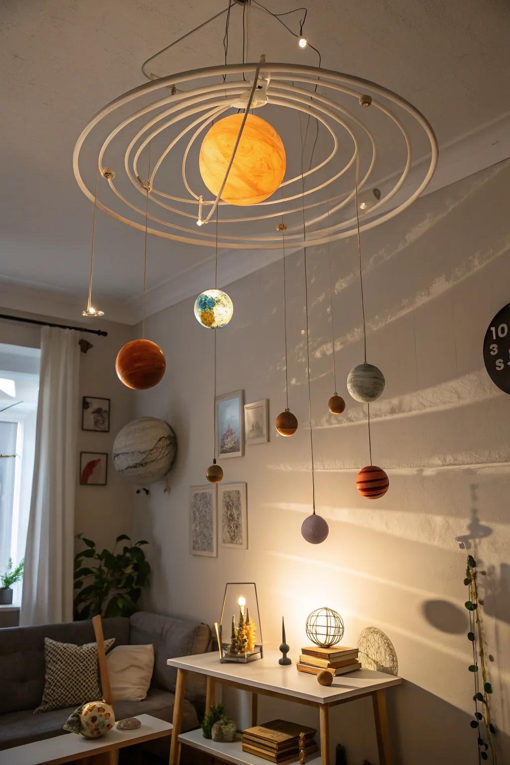 Planetary system mobiles provide an educational and decorative aspect.