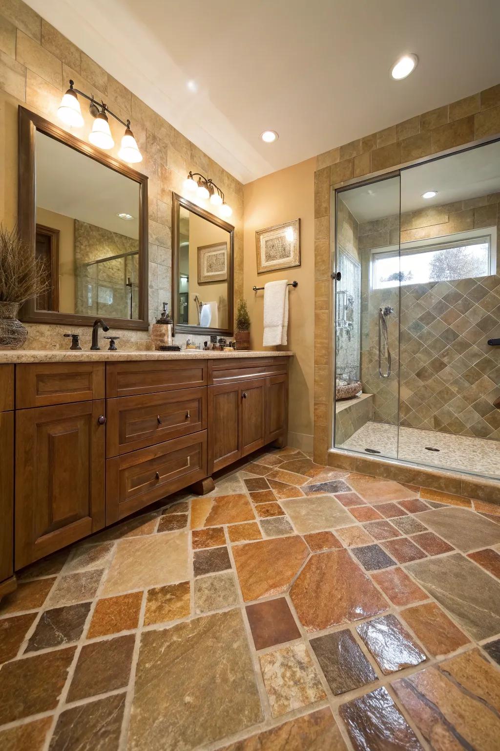Natural stone flooring provides a rustic foundation.