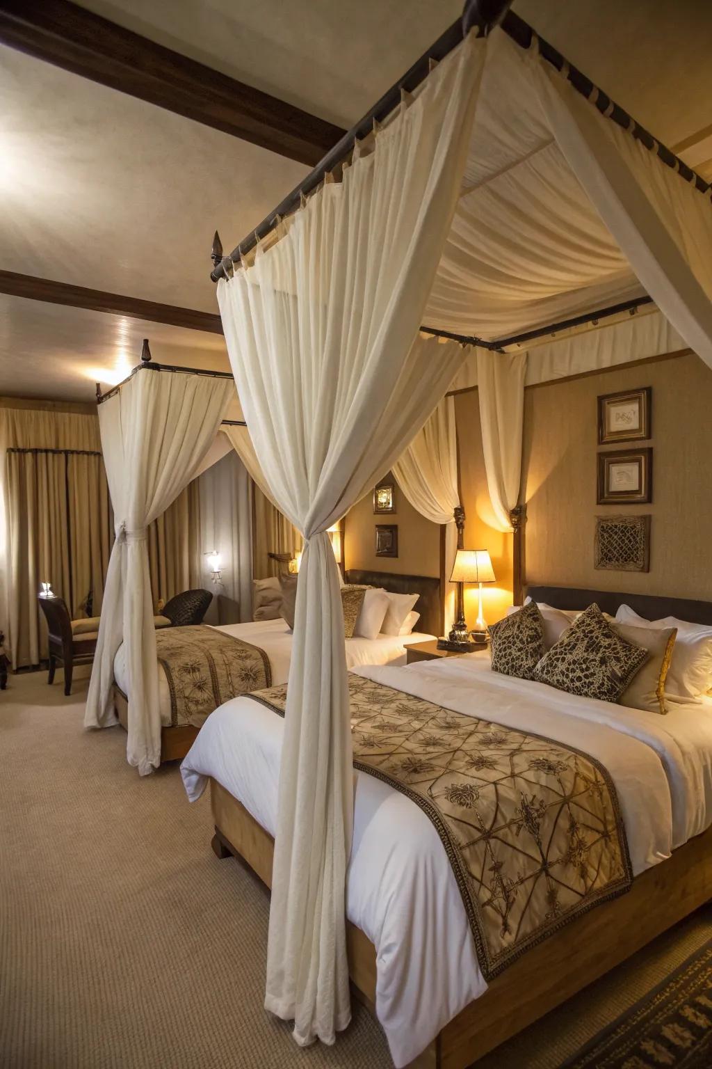 Cozy bedroom with canopied beds for added privacy.