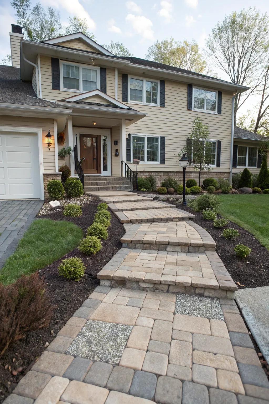 Layered walkways offer depth and guide visitors to your entrance.