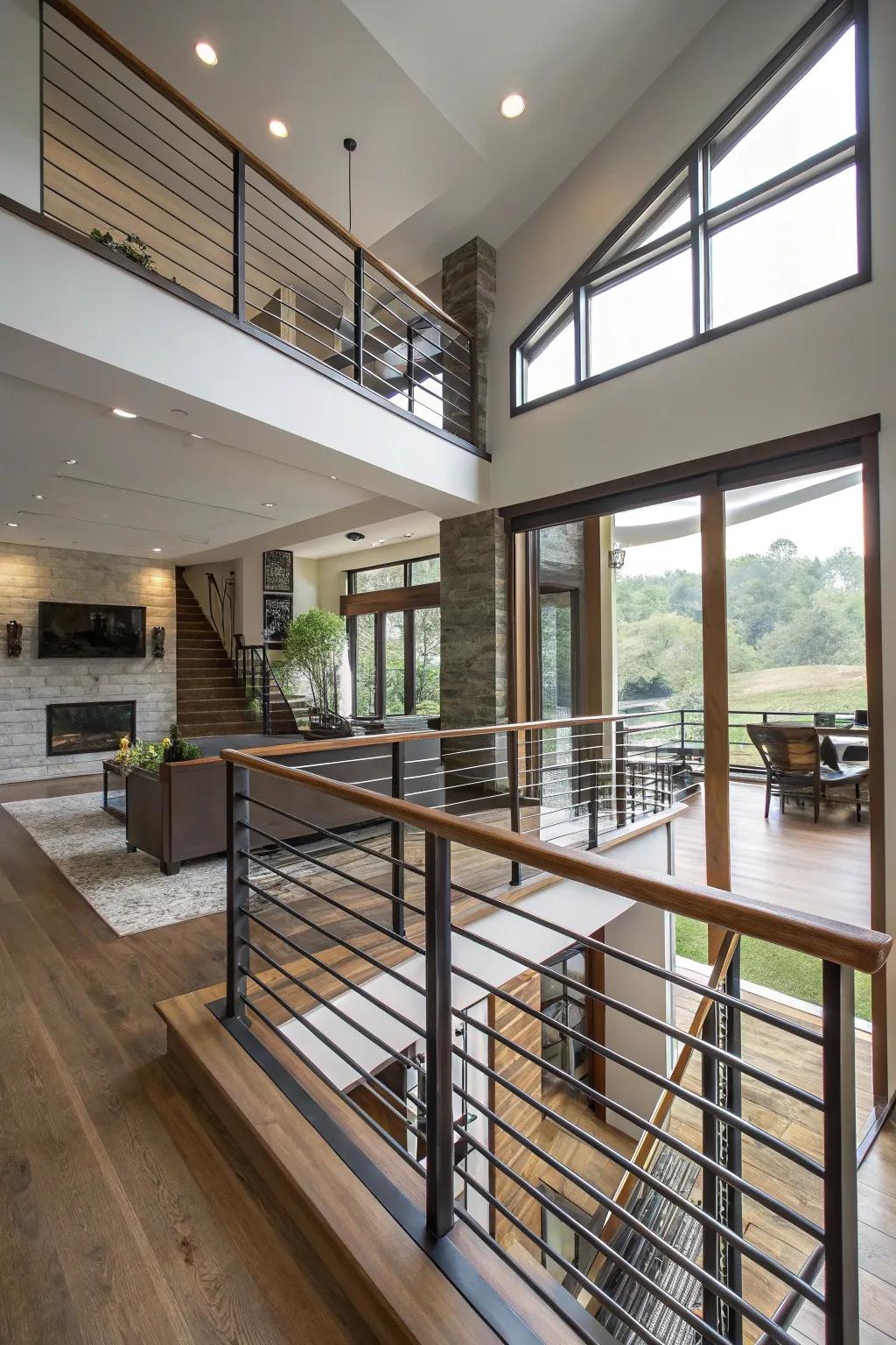 Sleek horizontal slat railings enhancing the openness of a split-level residence.