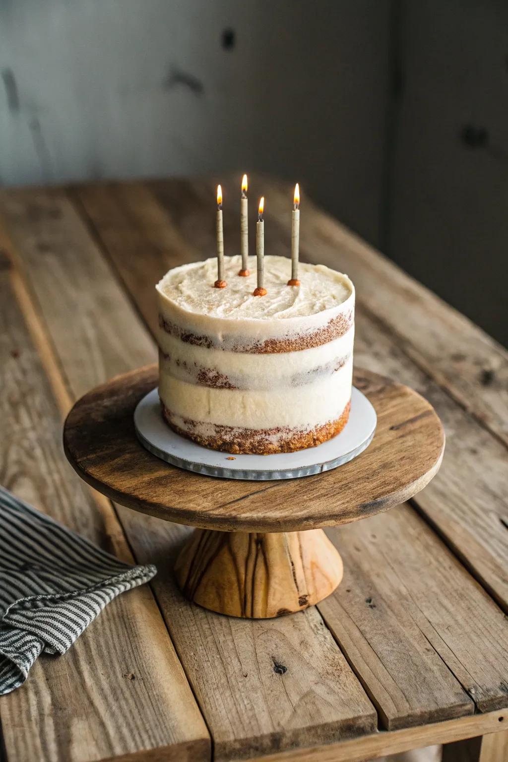 A naked cake exhibiting natural beauty and simplicity.