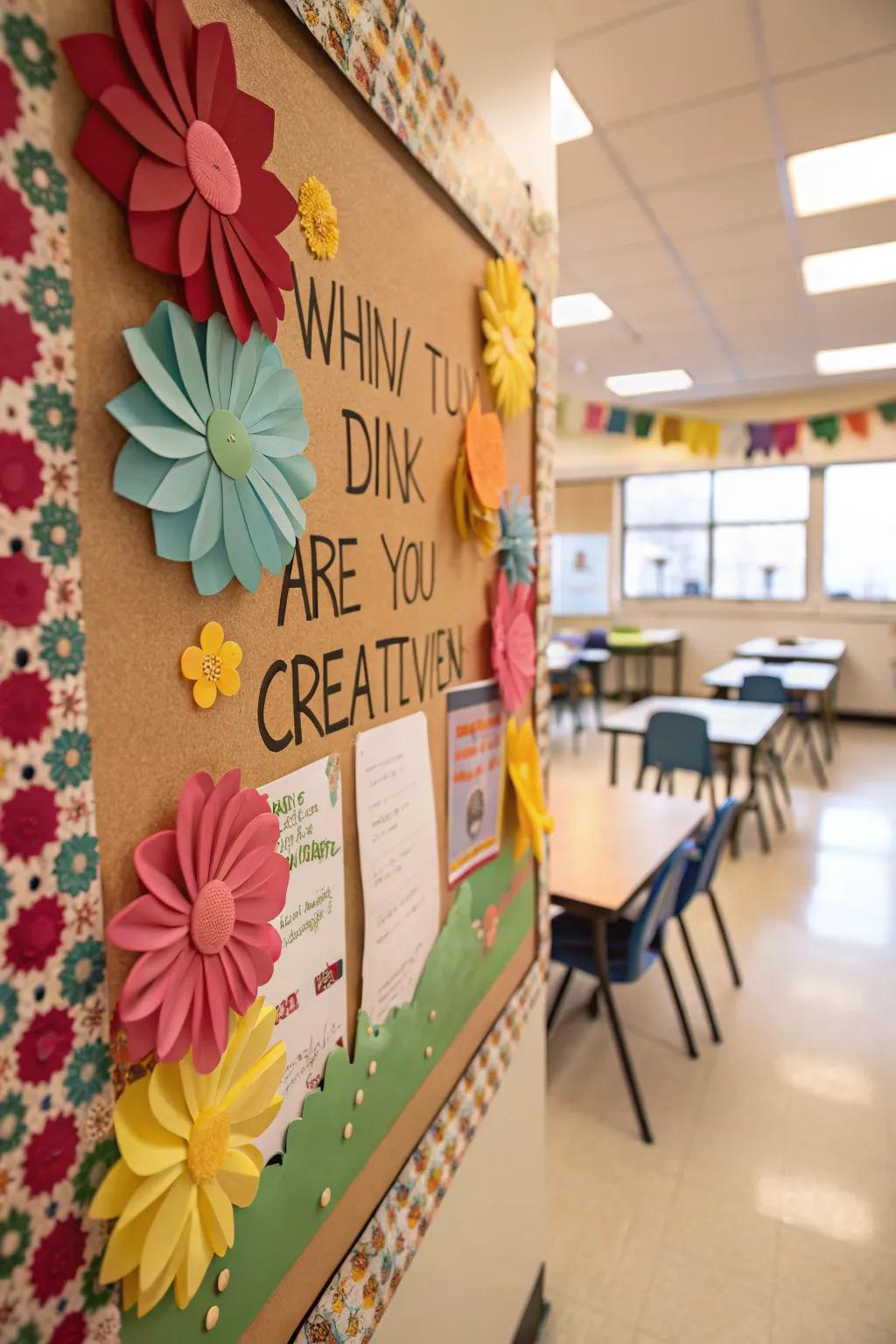 A notice board inspiring creativity with paper flowers and imaginative prompts.