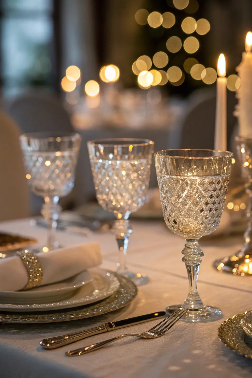 Crystal glassware adds a touch of elegance and sparkle.