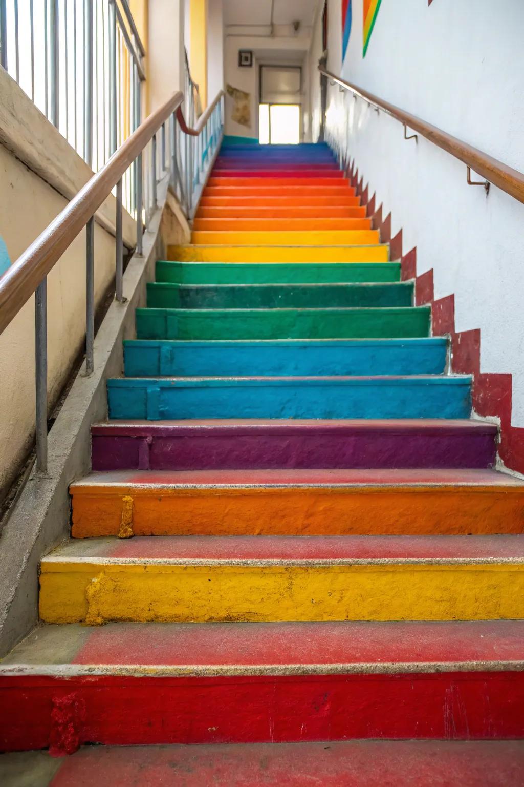 Colored vertical boards introduce individuality and hue to any staircase.