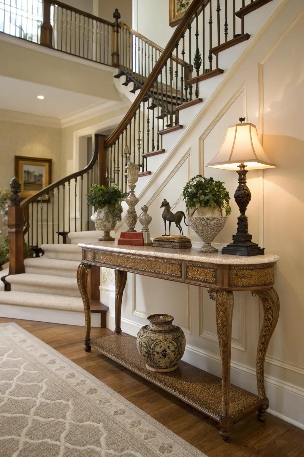 A console table on your stair landing offers a stylish and functional surface.