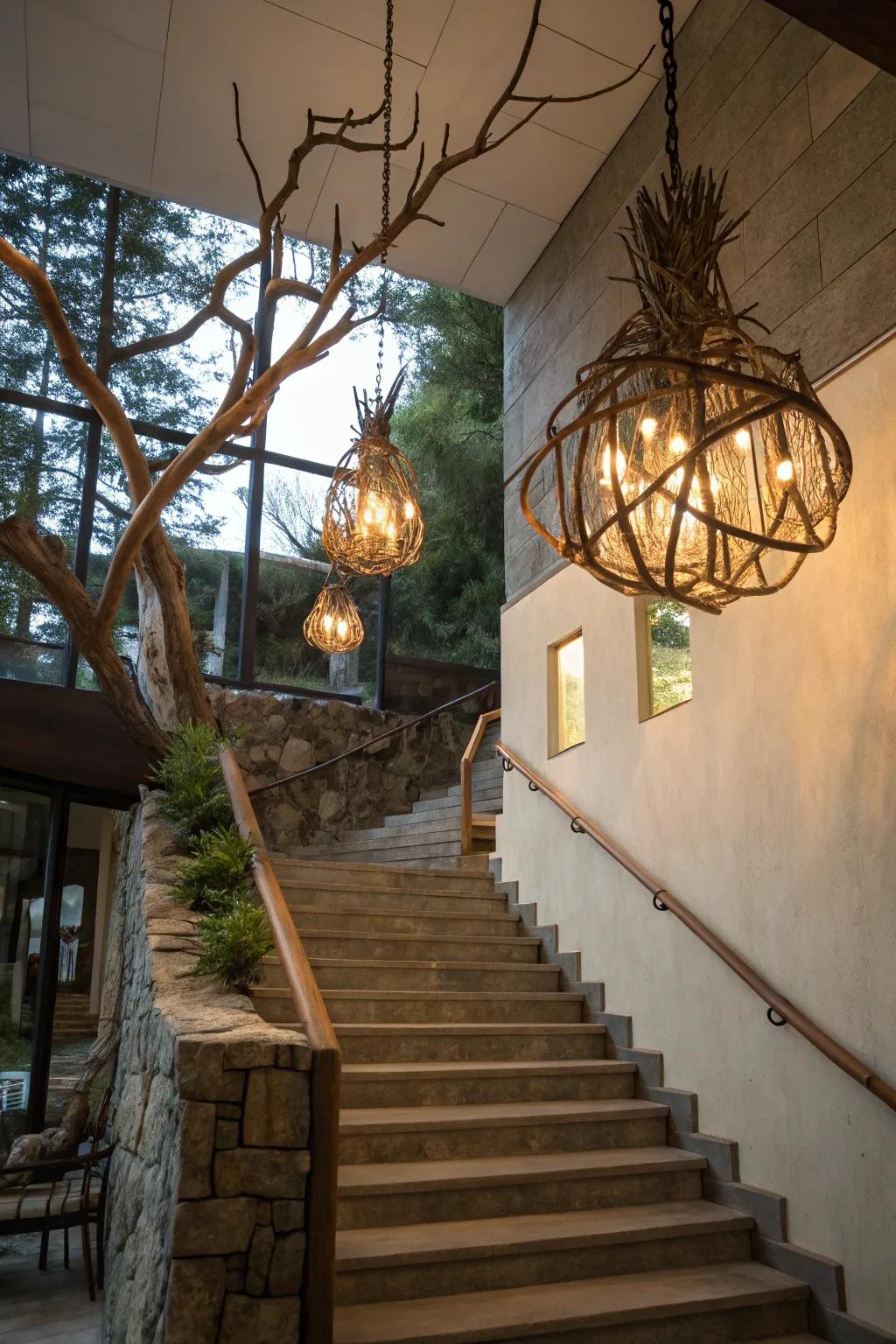 Nature-inspired fixtures add an organic feel.