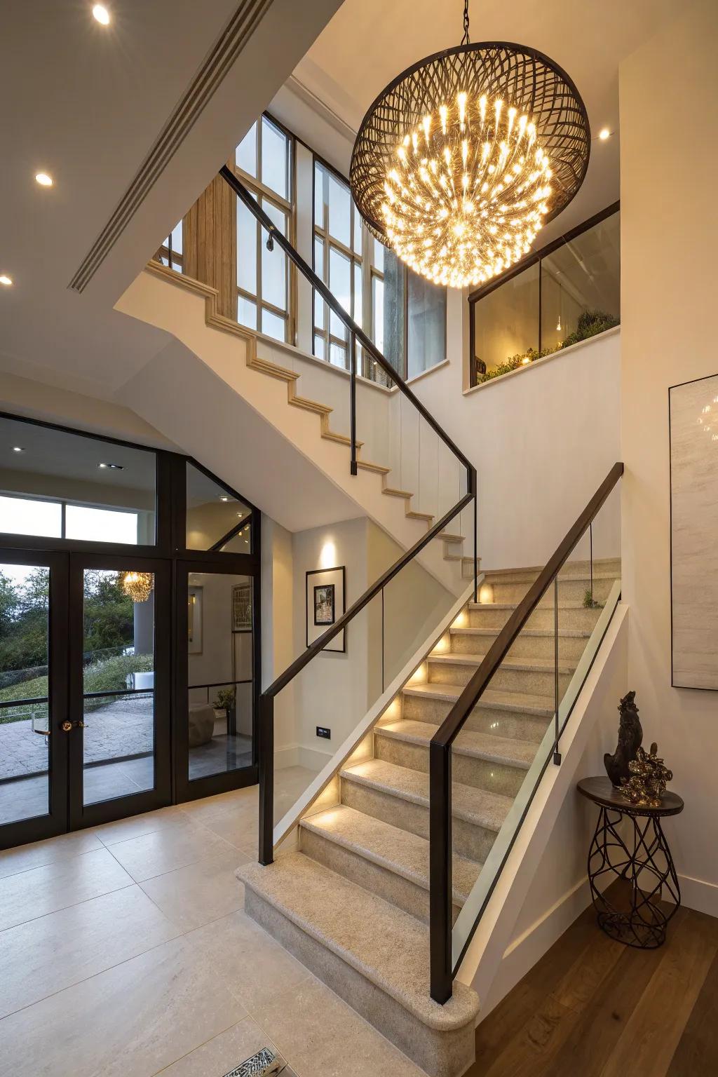 Spectacular lighting emphasizes the architectural form of this staircase.
