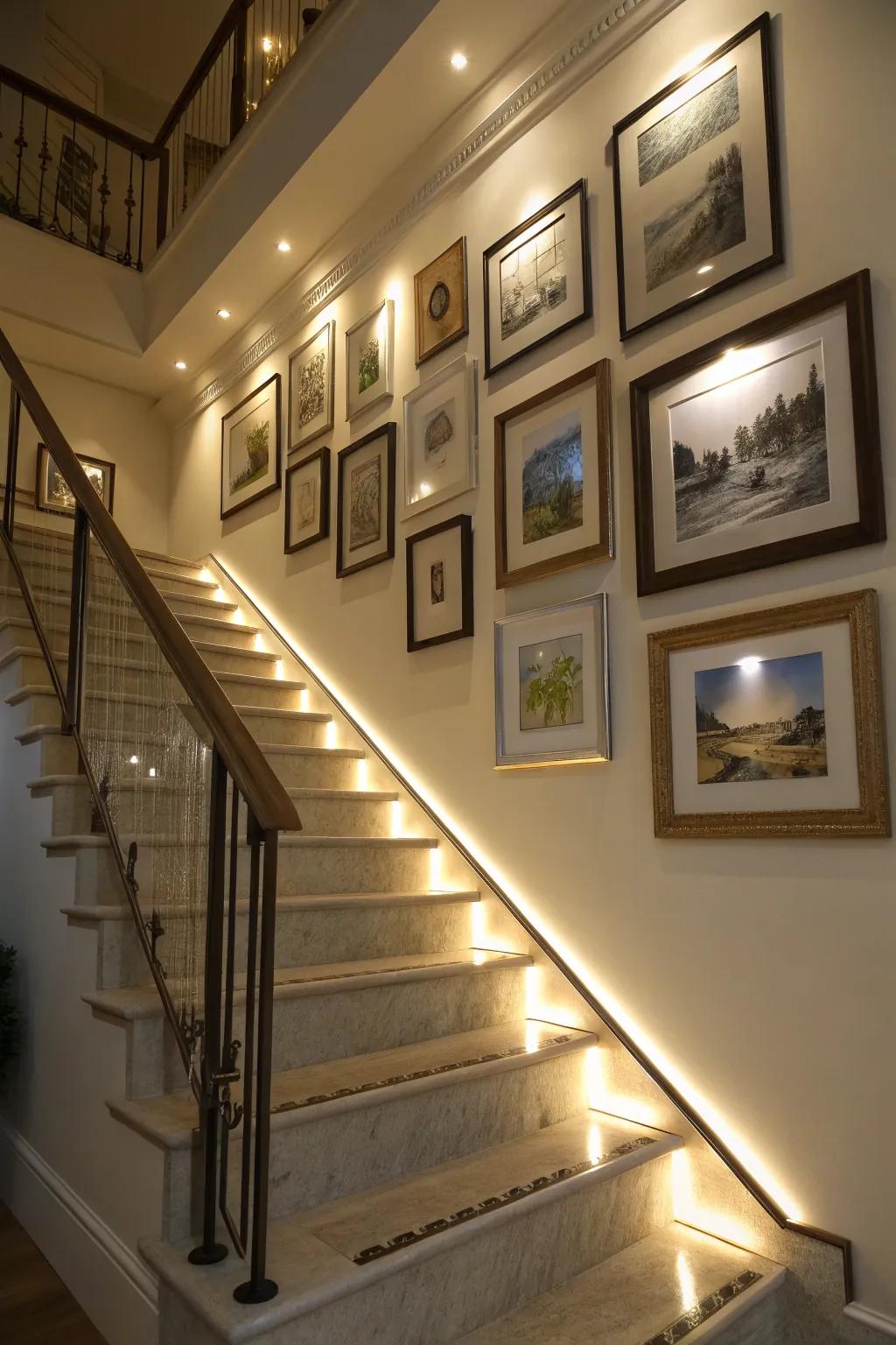 LED lighting is capable of heightening the allure of art presentations on stairwell walls.