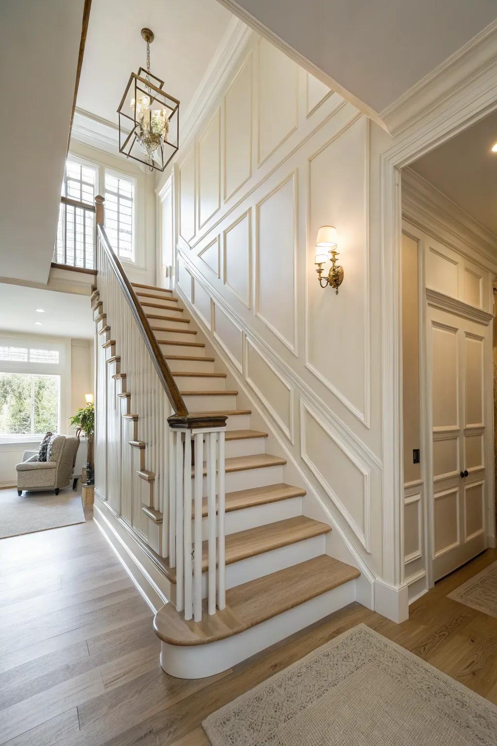 Light shades and simple decor design an open and bright staircase.