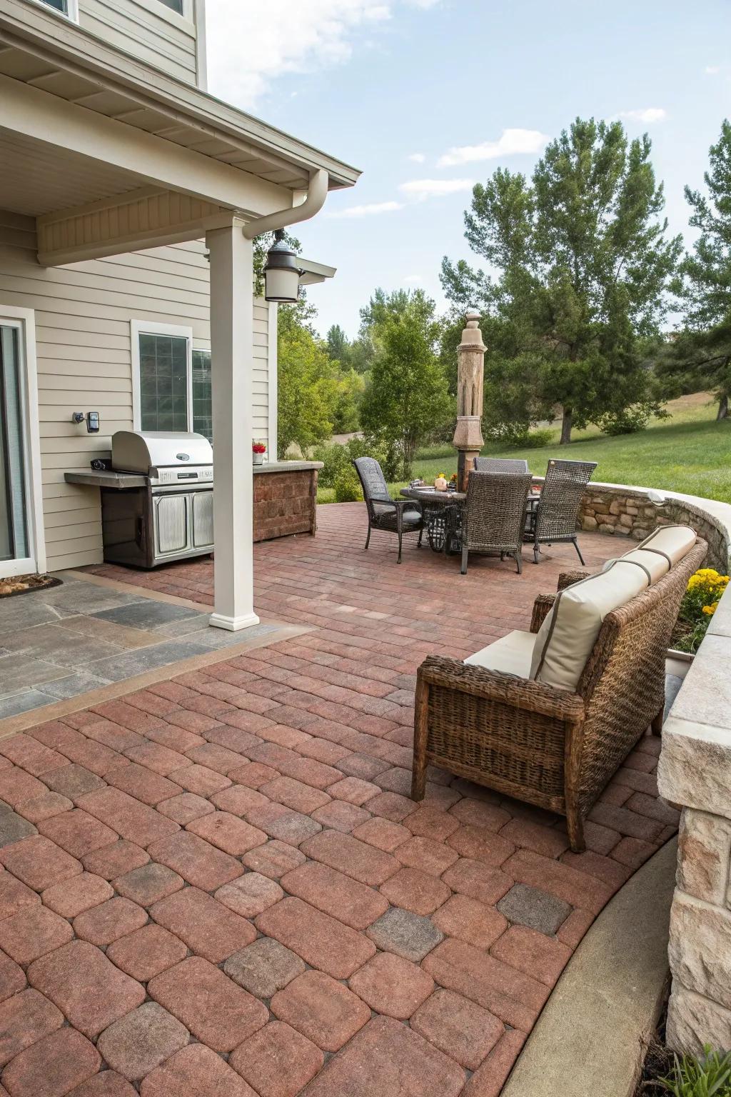 Brick-patterned concrete infuses this patio with warmth and coziness.
