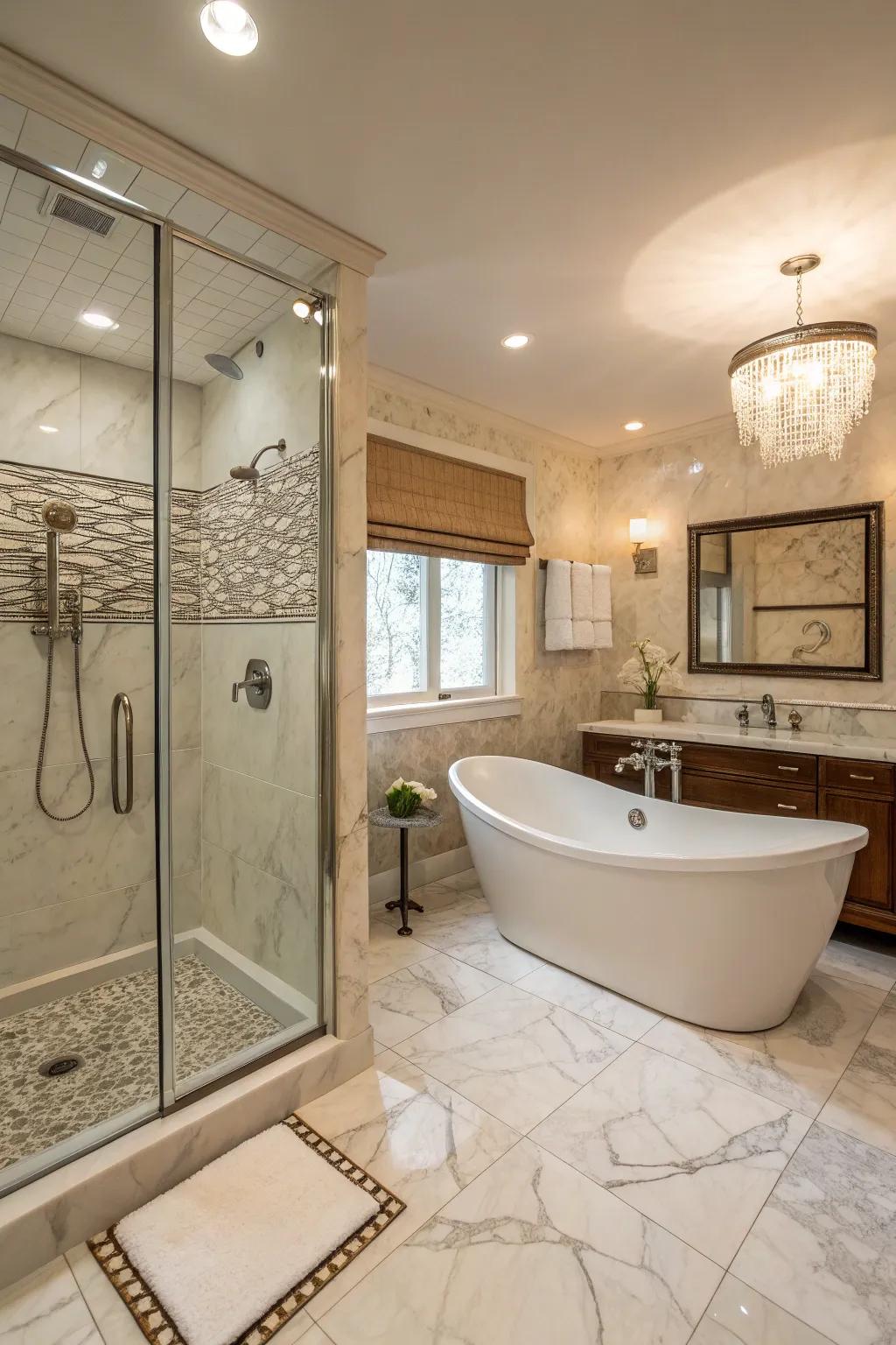 A freestanding tub complementing a shower to create a spa-like bathroom environment.