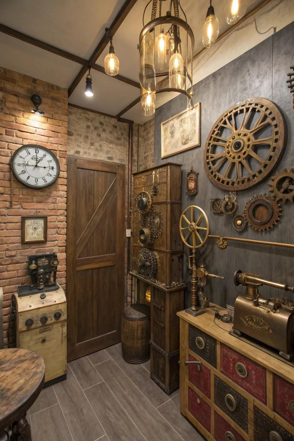 Earthy and metallic shades establish the ambiance for this intimate steampunk interior.