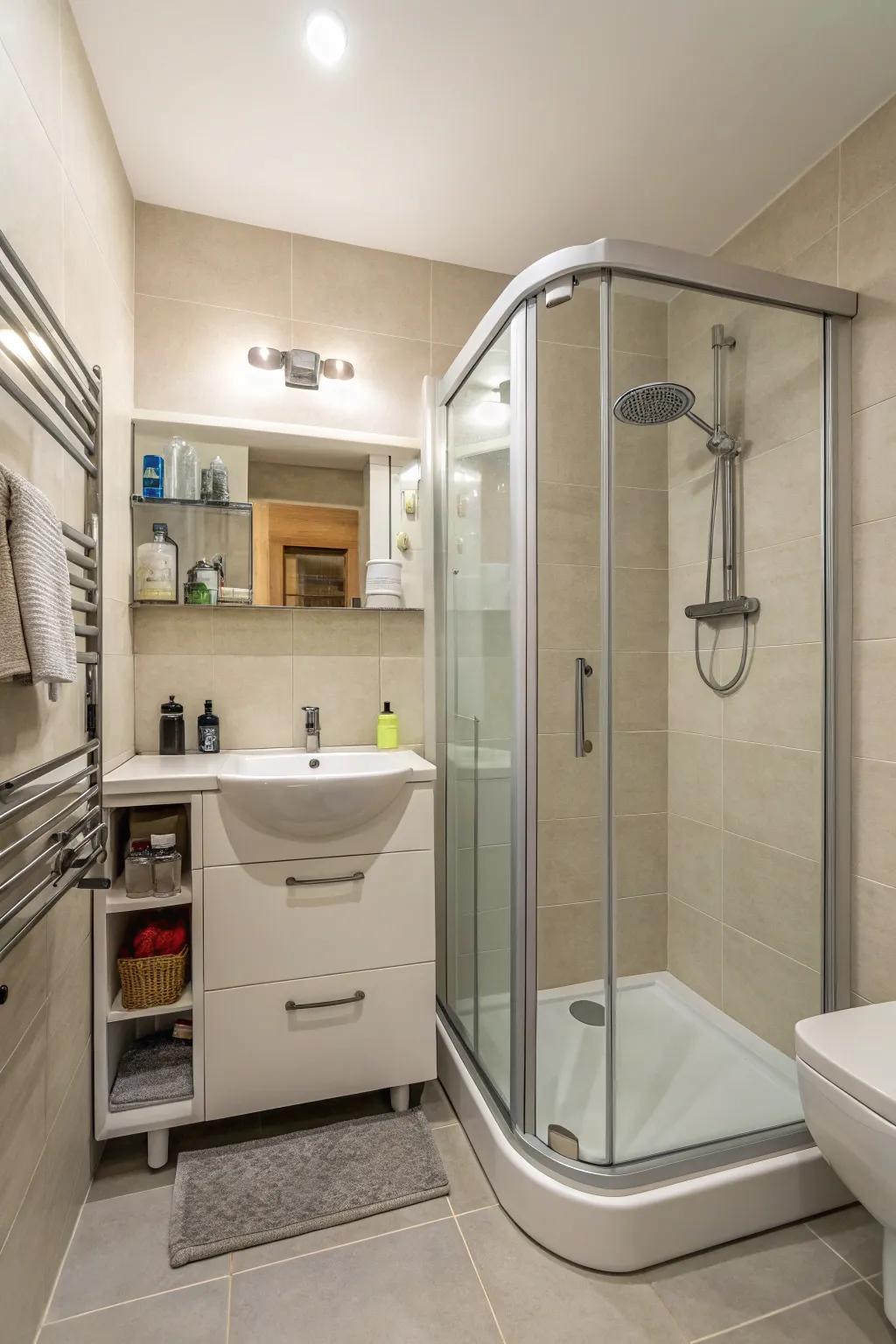 Small bathroom featuring a space-savvy sunken corner shower.