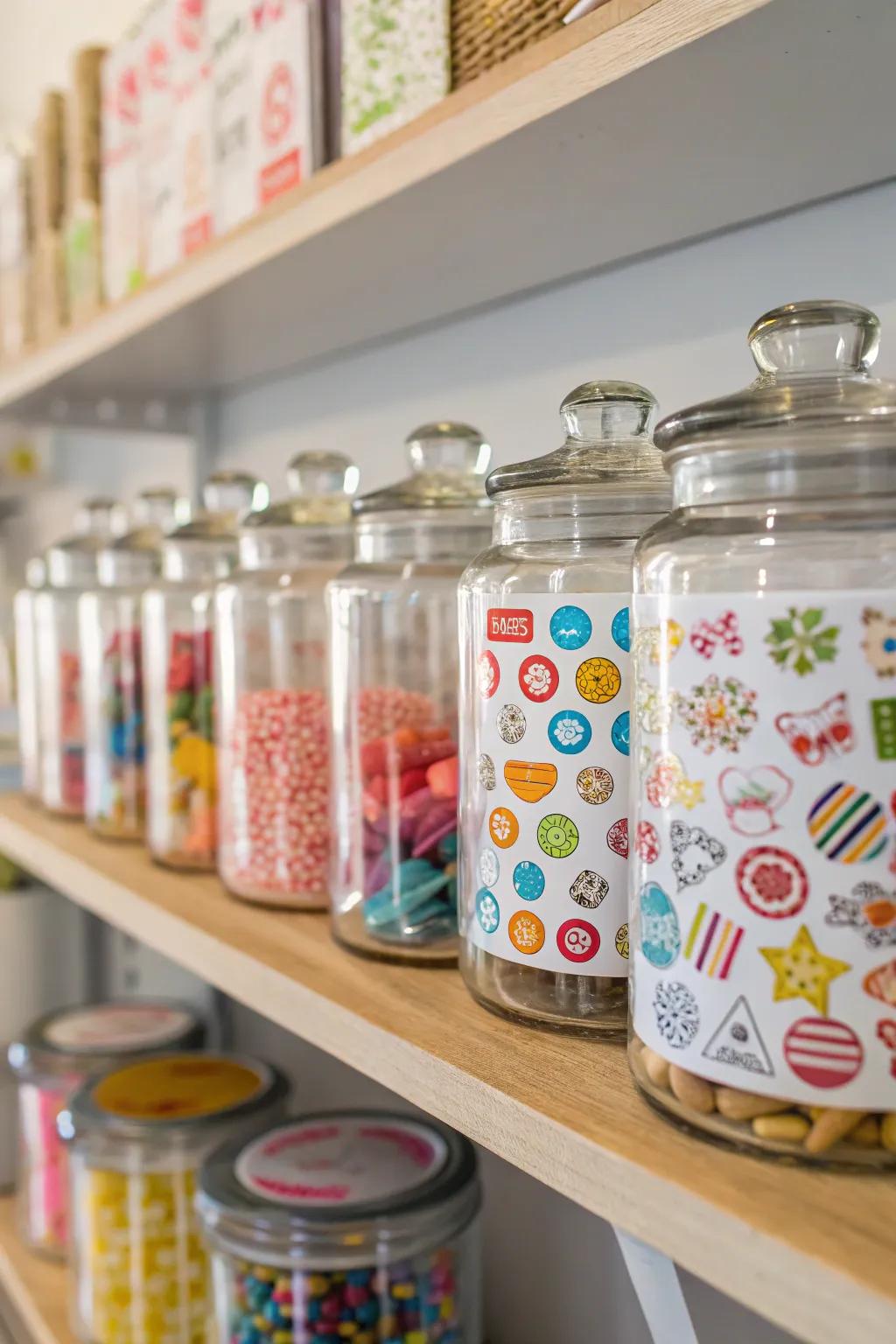 Display stickers in glass jars for a quirky touch.