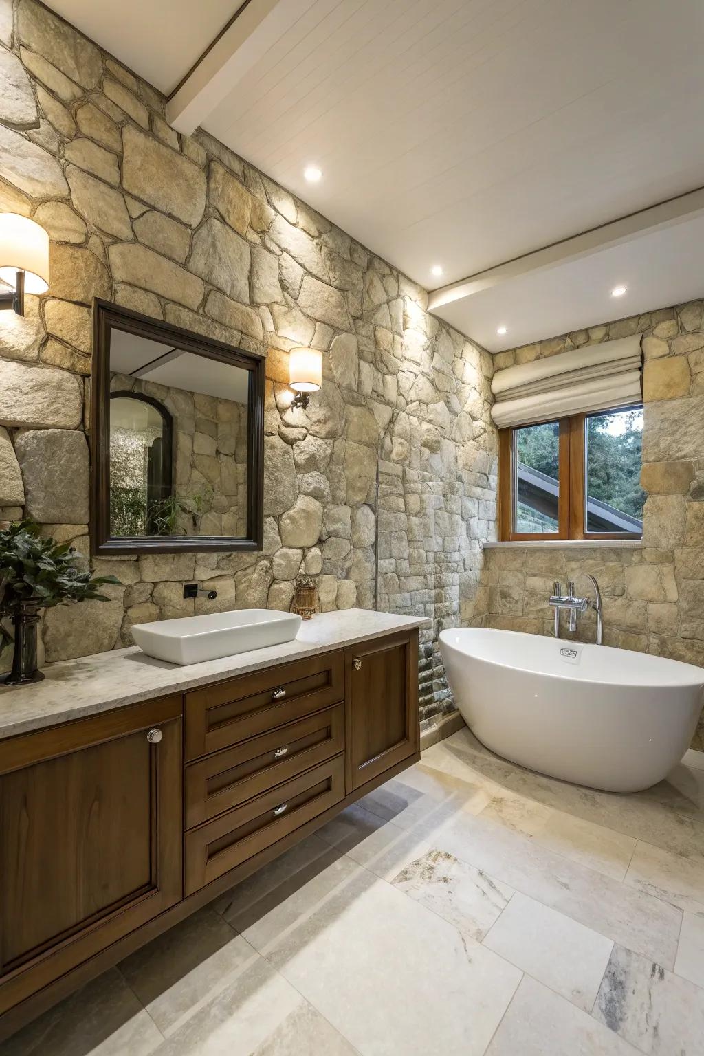 A bathroom featuring marble countertops alongside stone walls for a classy look.