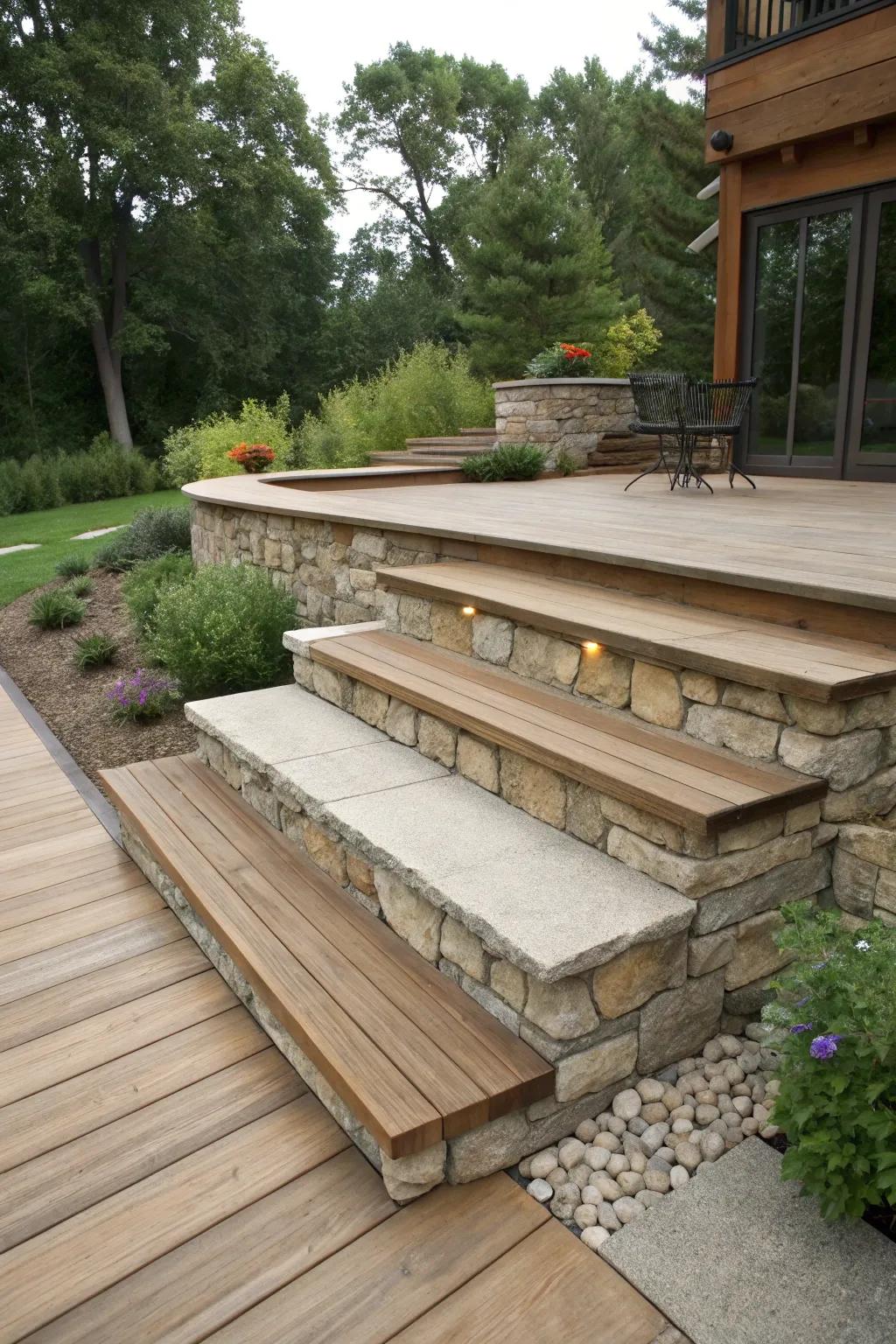 Rock steps beautifully assimilated within the overarching skirting blueprint of the deck.