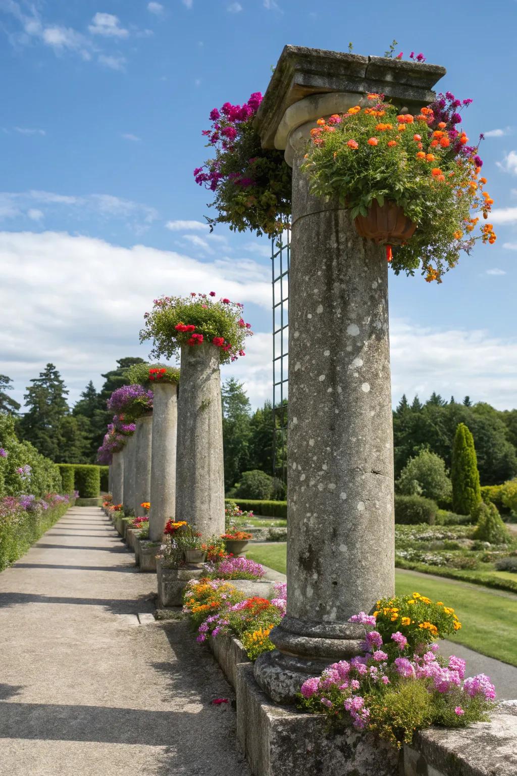 Infuse life into rock columns with vibrant floral planters.