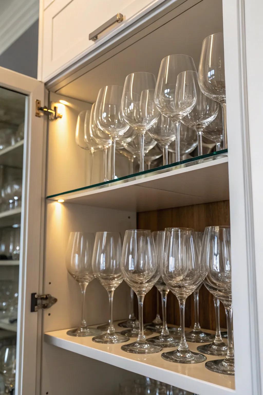 Nesting glasses is a clever strategy to maximize cabinet space.
