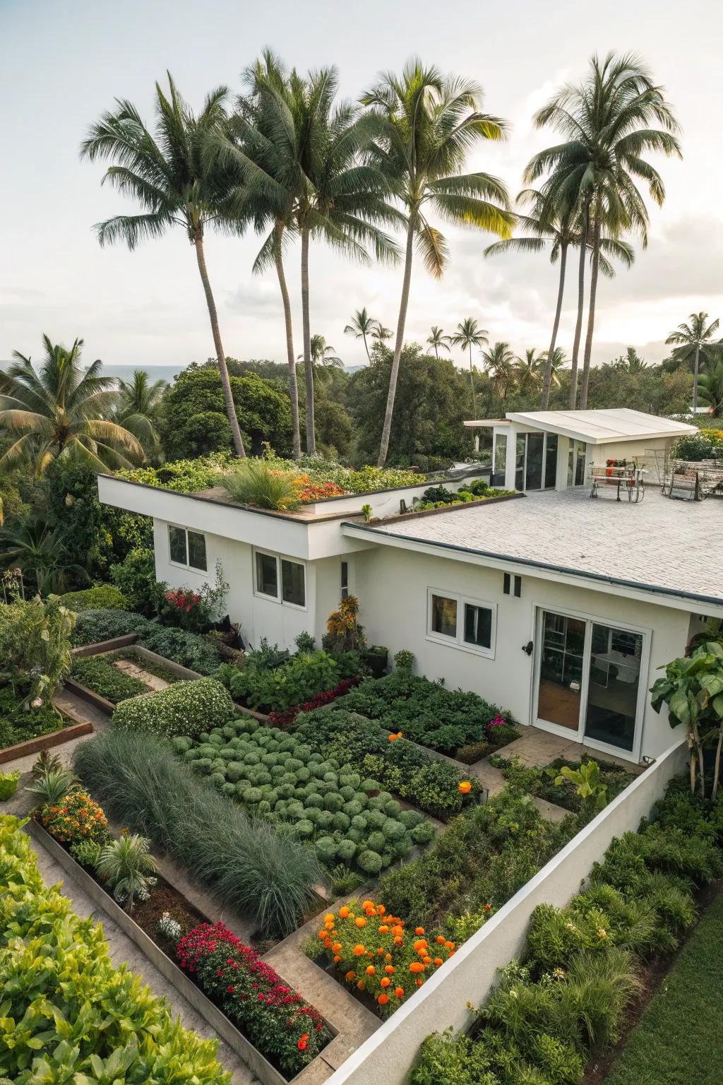 Overhead garden thriving with tropical plants.