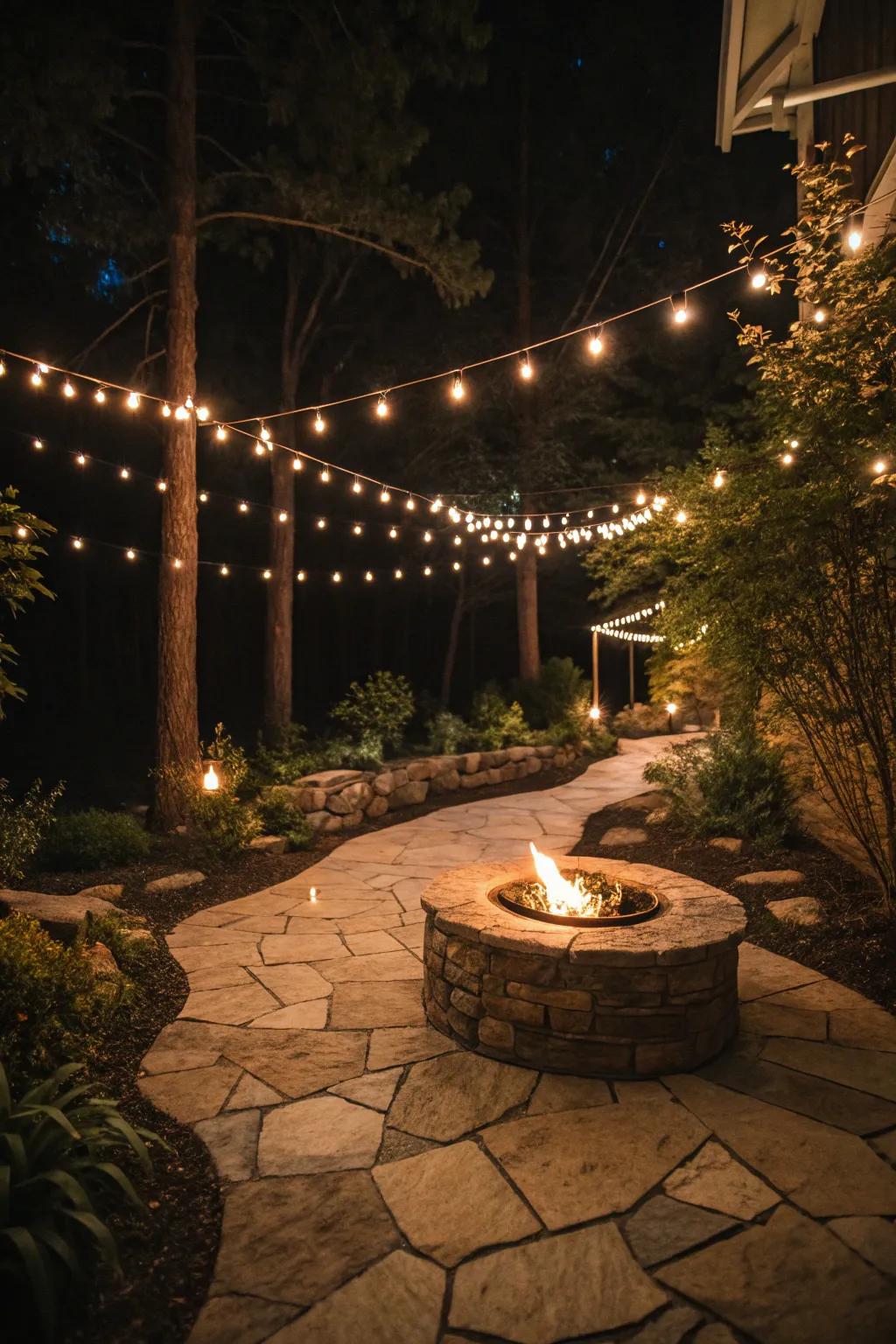 String lights illuminate a pathway to the fire pit.