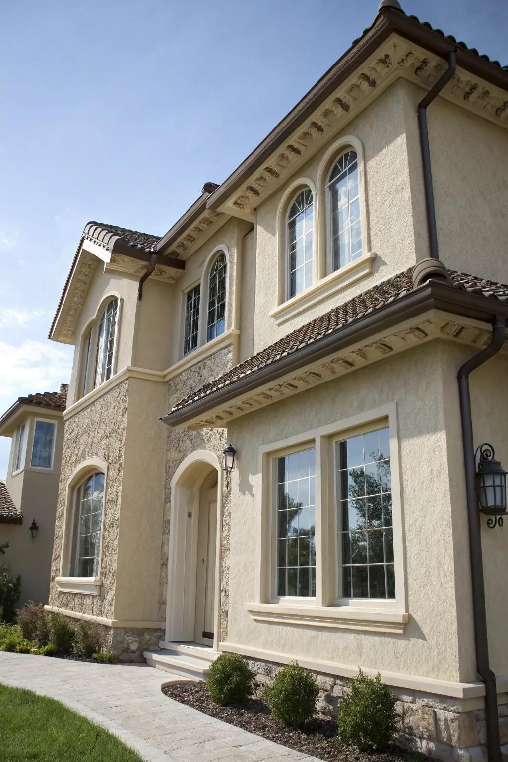 Textured trims seamlessly blend with this stucco surface.