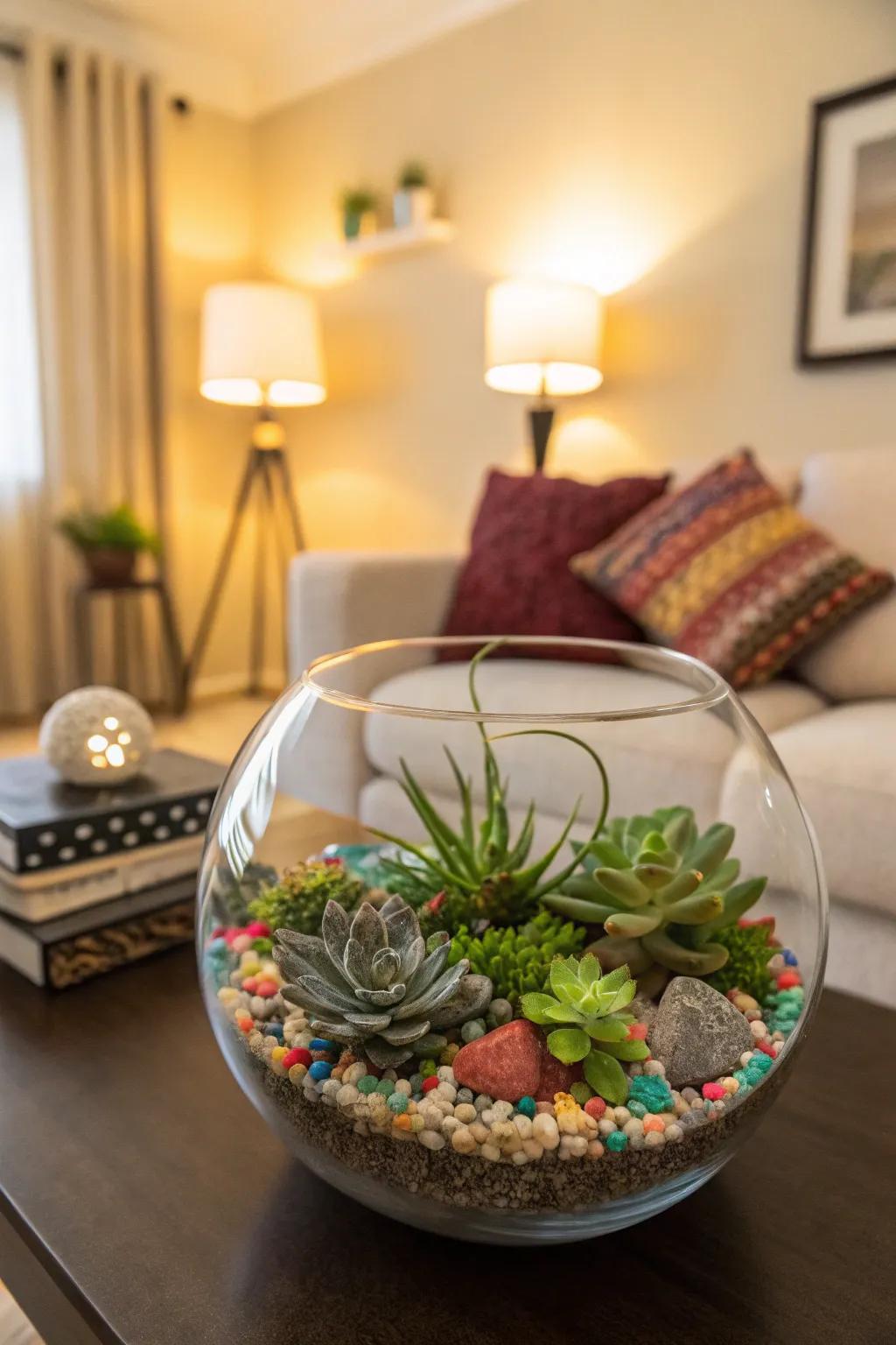 A stylish indoor terrarium with succulents and decorative pebbles.