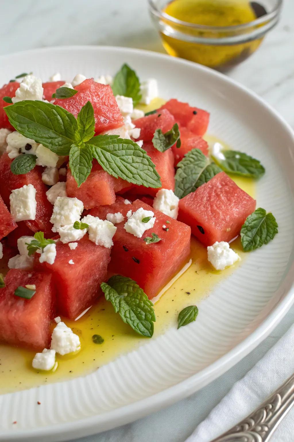 A revitalizing watermelon salad made with feta and mint.