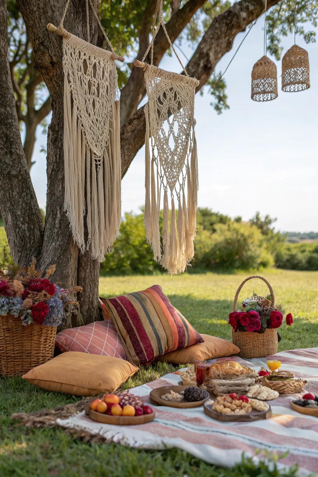 A bohemian-inspired picnic setup with a relaxed and artistic flair