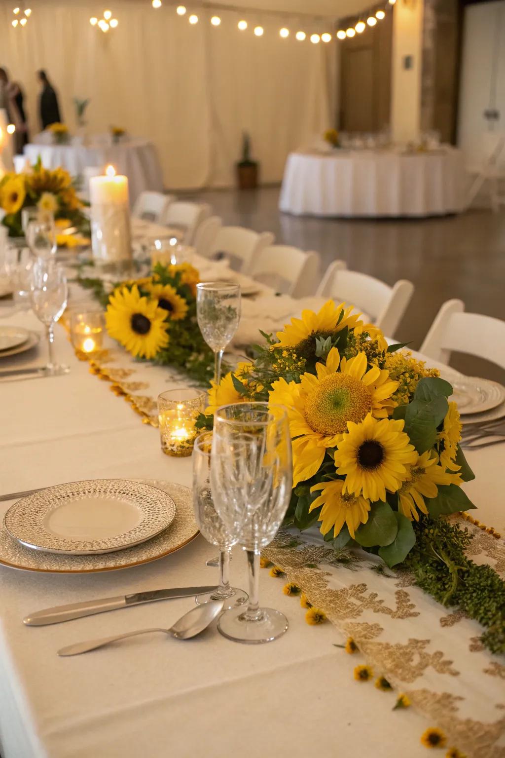 A beautifully set table with golden bloom-adorned overlays.